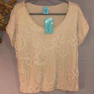 H.I.P. Cream Scoop Neck Short Sleeve Women's LARGE Top Embroidered Flower NWT